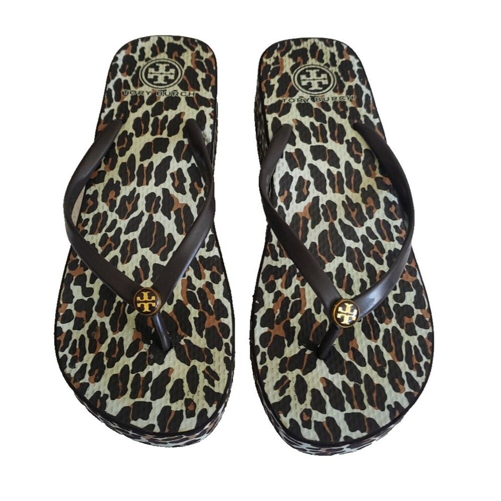 Tory Burch Thandie Wedge Flip-Flop Thong Sandals Brown-Multi Leopard Print Sz 10 - Picture 2 of 10
